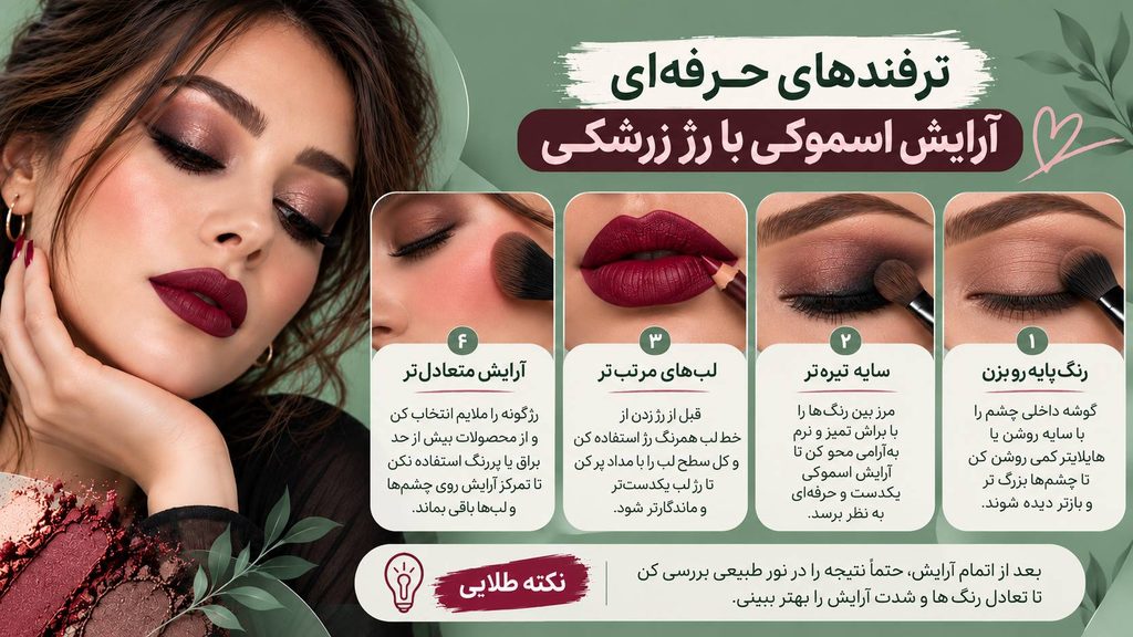 ترفندهای آرایش اسموکی با رژ زرشکی برای درشت‌تر نشان دادن چشم‌ها